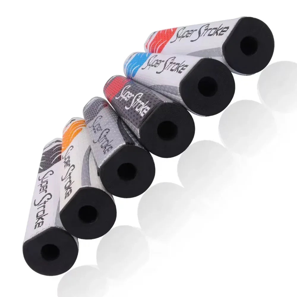 Super Stroke golf putter grips in various colors on a white background