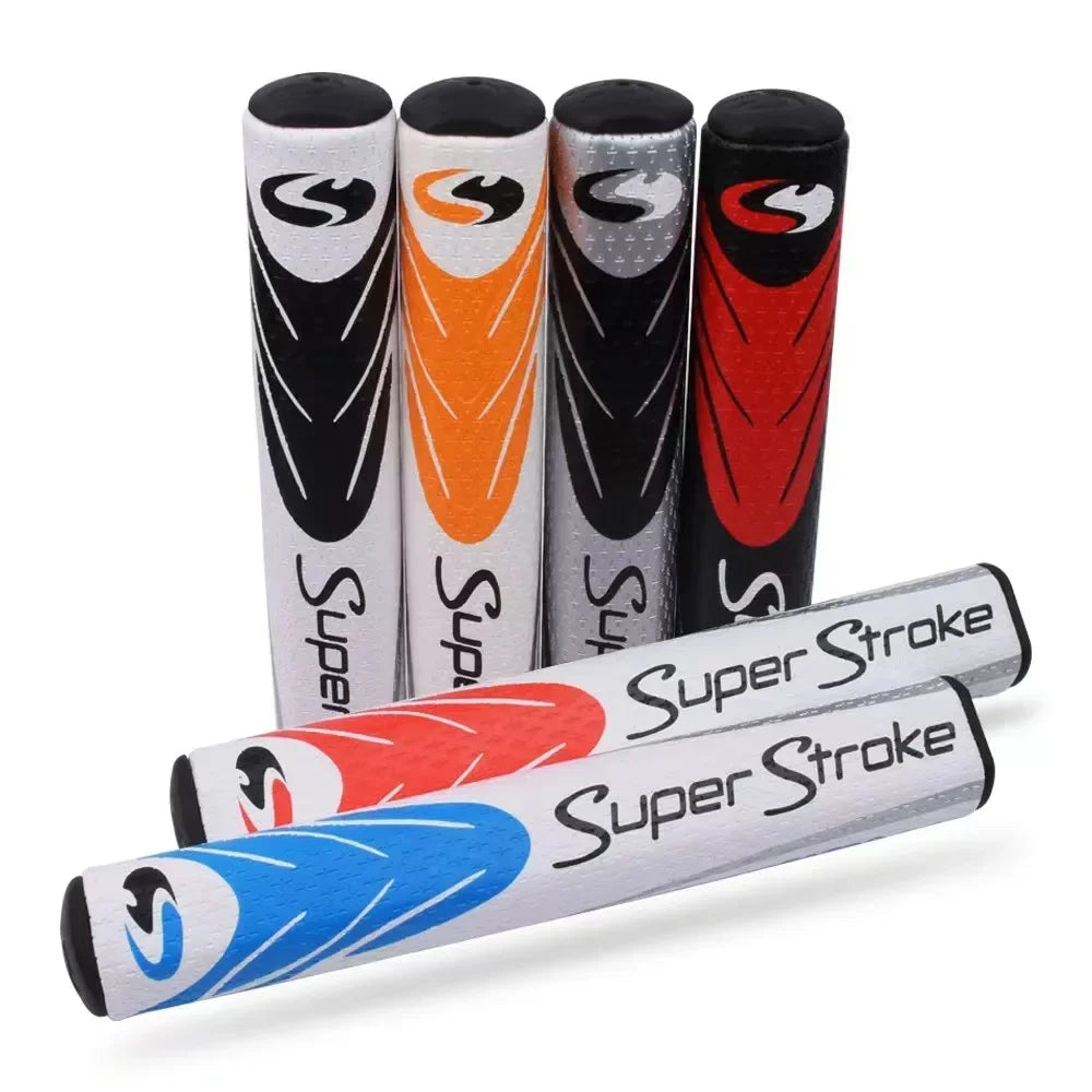 Super Stroke golf club grips in various colors on a white background