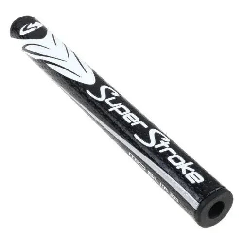 Black and white golf club grip with 'SuperStroke' branding on a white background