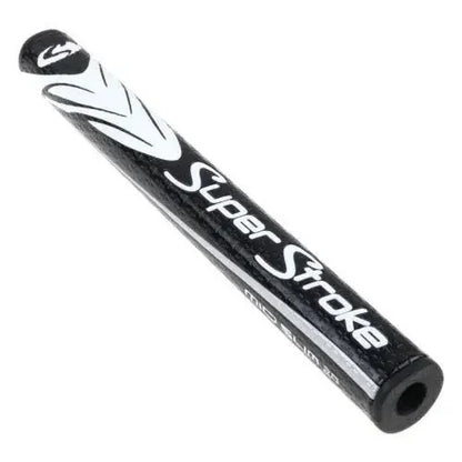 Black and white golf club grip with 'SuperStroke' branding on a white background