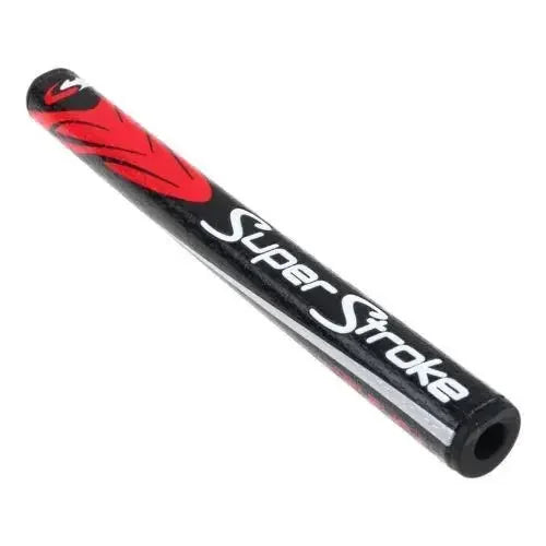 Black and red golf club shaft with 'Super Stroke' branding on a white background