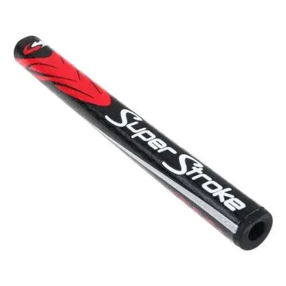 Black and red golf club shaft with 'Super Stroke' branding on a white background