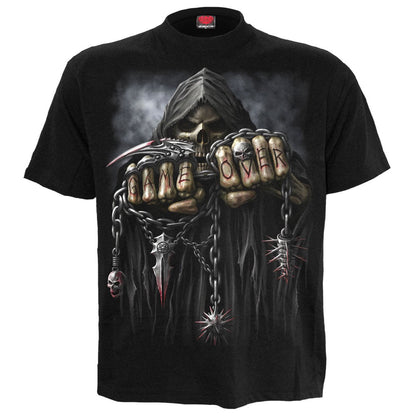 Game Over T-Shirt Black Grim Reaper Skeleton Graphic 100% Cotton Tee Shirt Skull