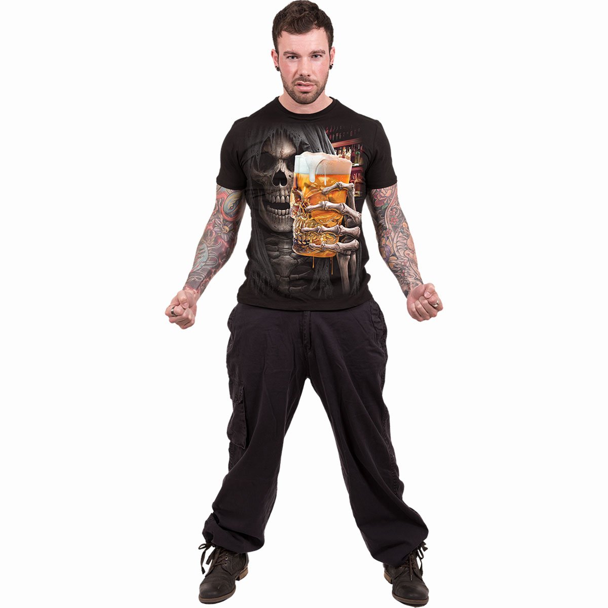 Live Loud T-Shirt Black Rock & Metal Graphic 100% Cotton Tee Beer Skull Skeleton