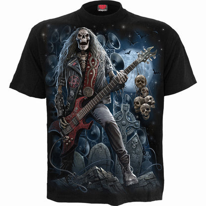 Grim Rocker T-Shirt Black Skeleton Guitarist Graphic 100% Cotton Tee Rock Metal