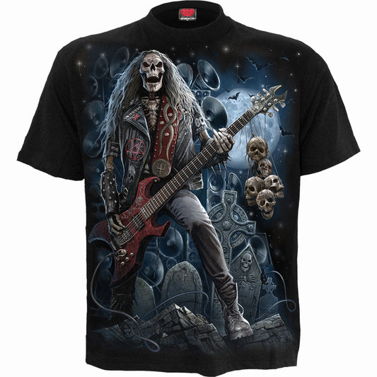 Grim Rocker T-Shirt Black Skeleton Guitarist Graphic 100% Cotton Tee Rock Metal