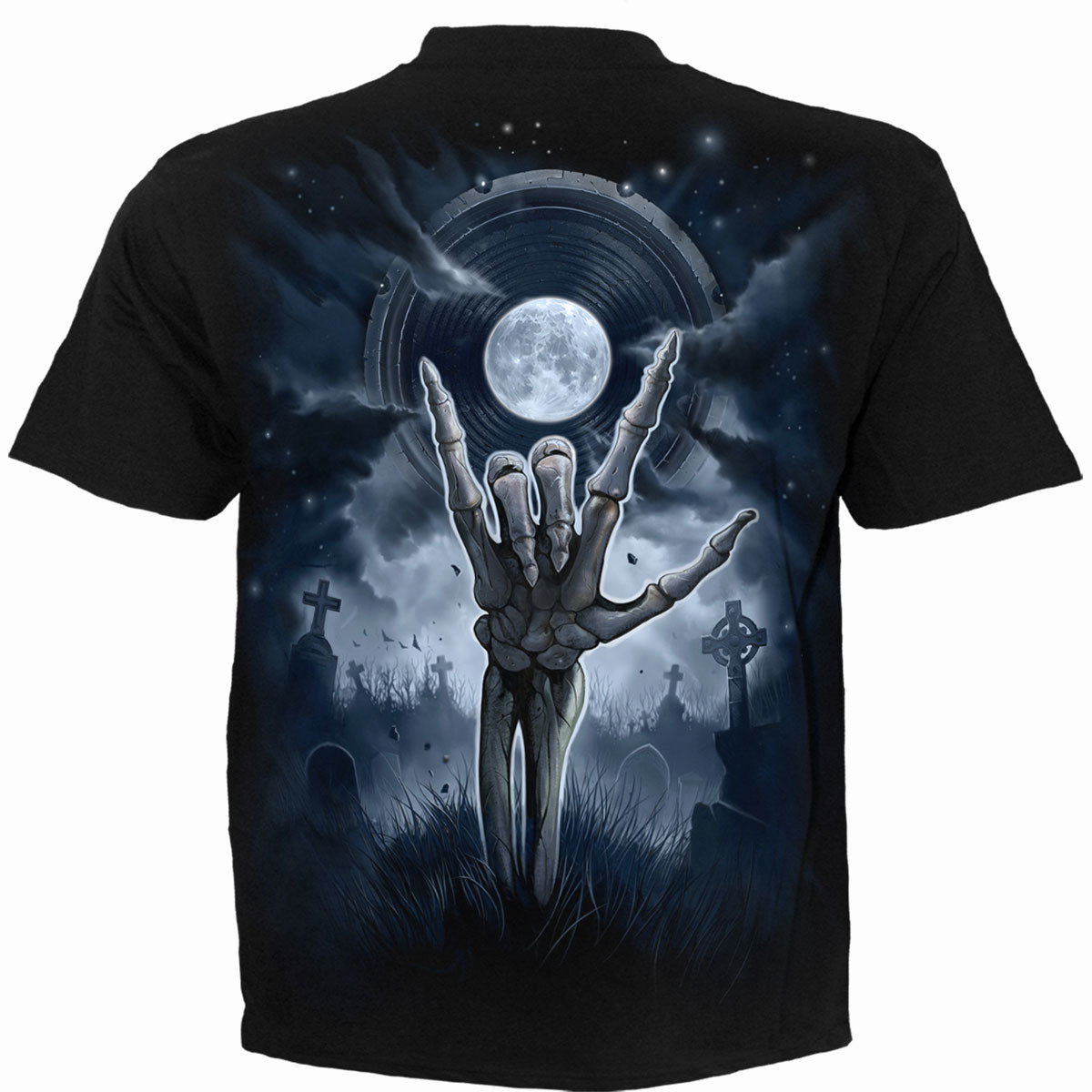 Grim Rocker T-Shirt Black Skeleton Guitarist Graphic 100% Cotton Tee Rock Metal