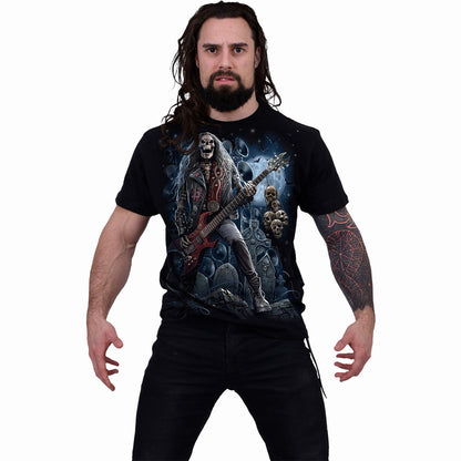 Grim Rocker T-Shirt Black Skeleton Guitarist Graphic 100% Cotton Tee Rock Metal