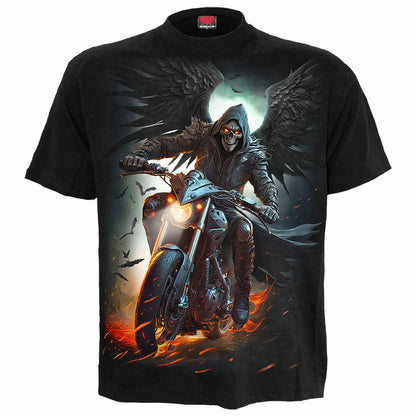 Night Rider T-Shirt Black Grim Reaper Motorcycle Graphic 100% Cotton Tee Skull