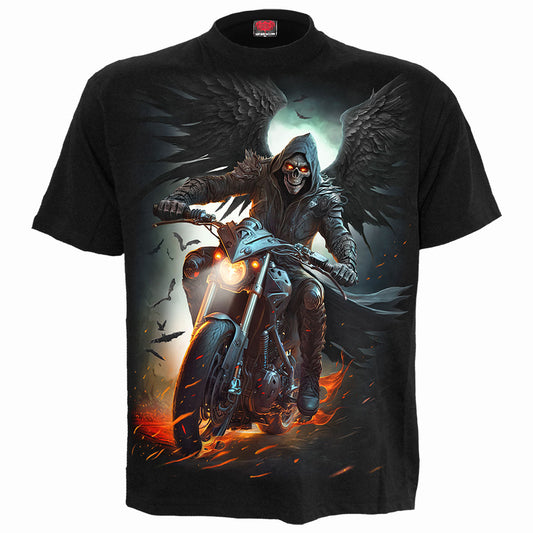 Night Rider T-Shirt Black Grim Reaper Motorcycle Graphic 100% Cotton Tee Skull