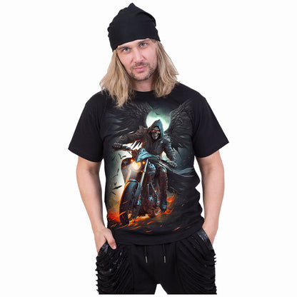 Night Rider T-Shirt Black Grim Reaper Motorcycle Graphic 100% Cotton Tee Skull