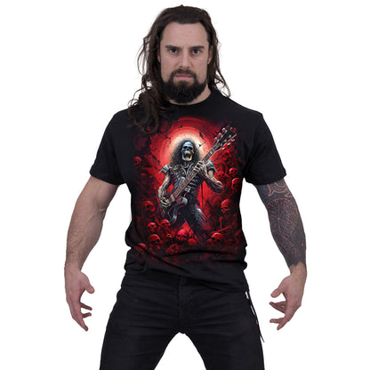 Tomb of Rock T-Shirt Black Heavy Metal Skeleton Guitar Graphic Cotton Tee Shirt