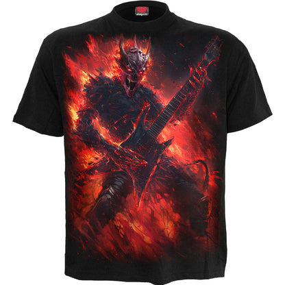 Riff Burner T-Shirt Black Flaming Demon Guitar Graphic 100% Cotton Rock Tee