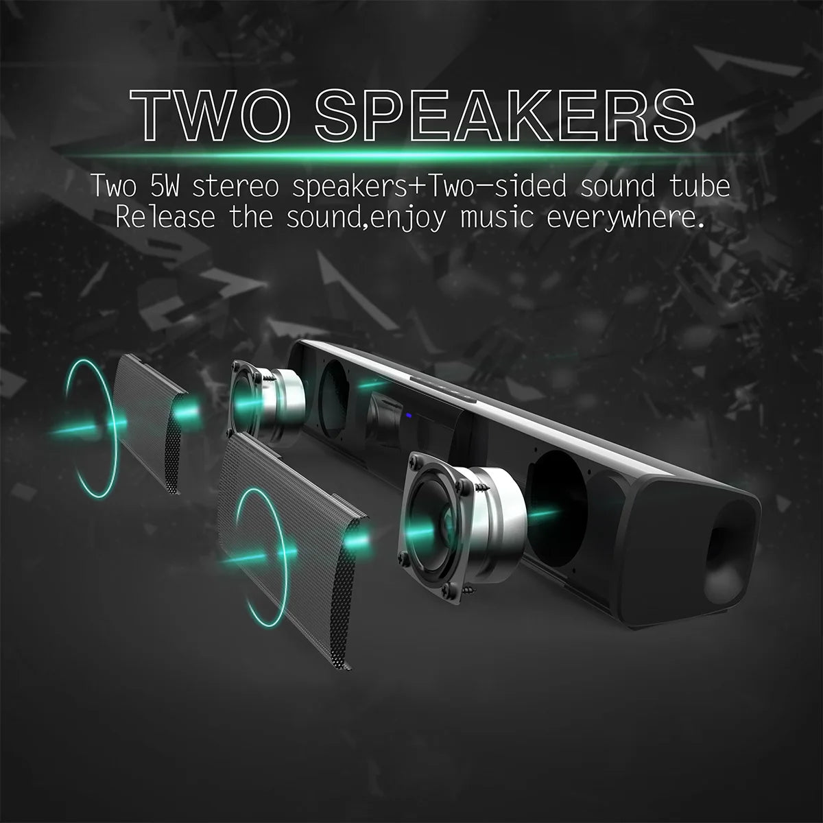 Two stereo speakers with a sound tube on a dark background