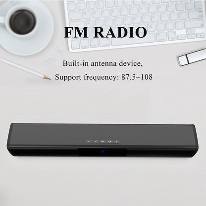 FM radio device on a desk with text about frequency range and features