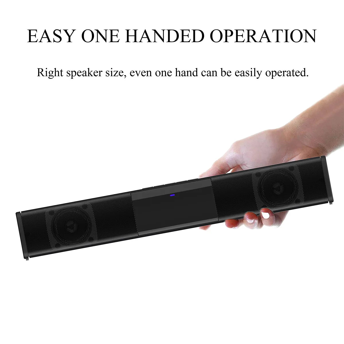 Black soundbar held by a hand with text about easy one-handed operation