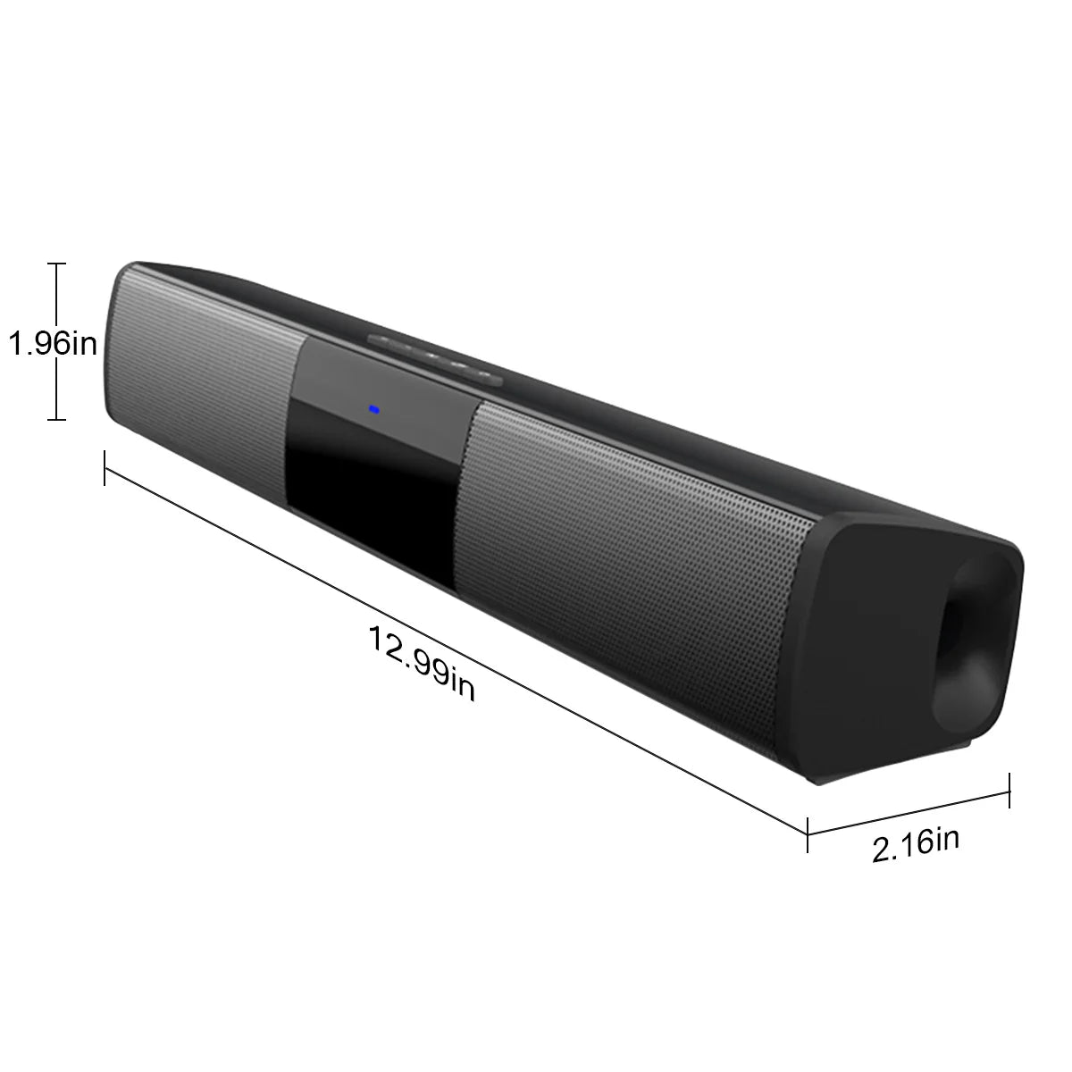 Black soundbar with dimensions indicated on a white background