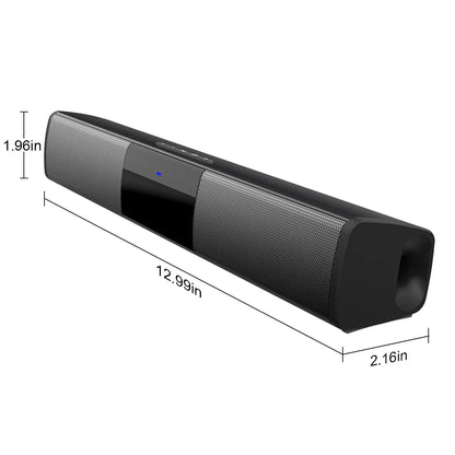 Black soundbar with dimensions indicated on a white background