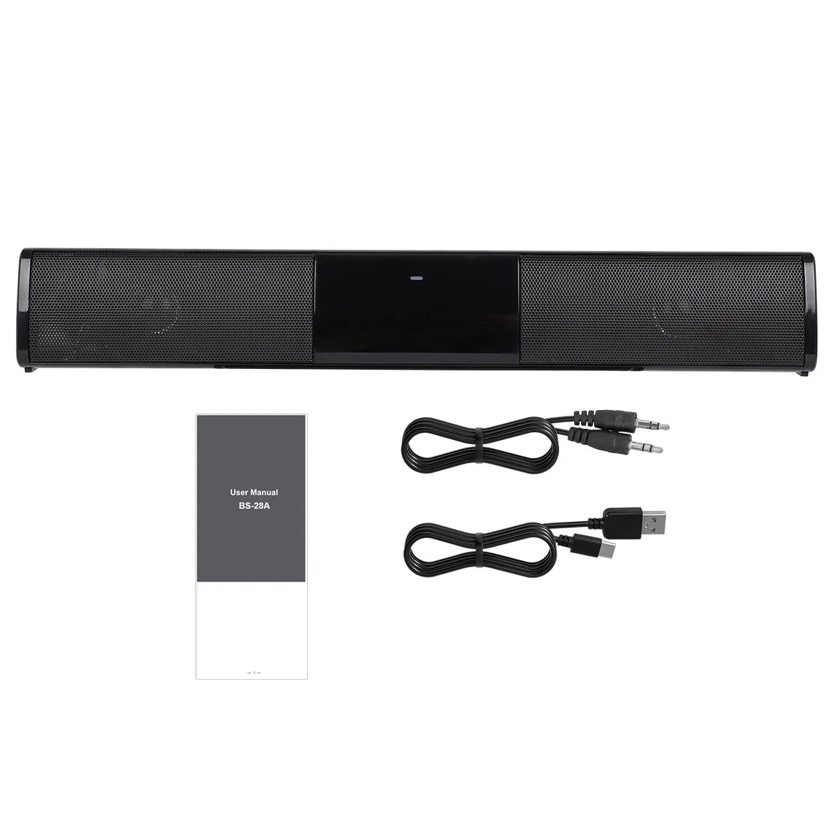Black soundbar with cables and manual on a white background