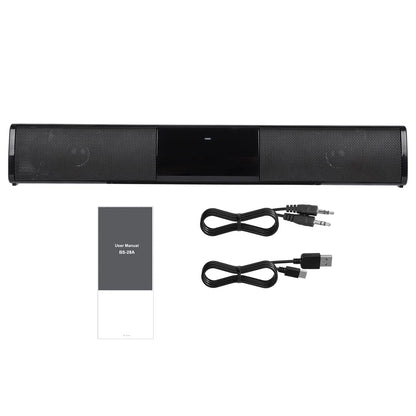 Black soundbar with cables and manual on a white background