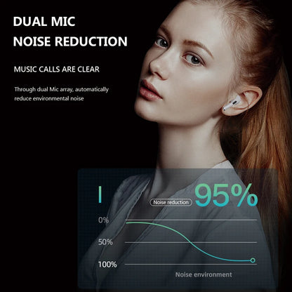 Woman wearing earbuds with dual mic noise reduction feature displayed.