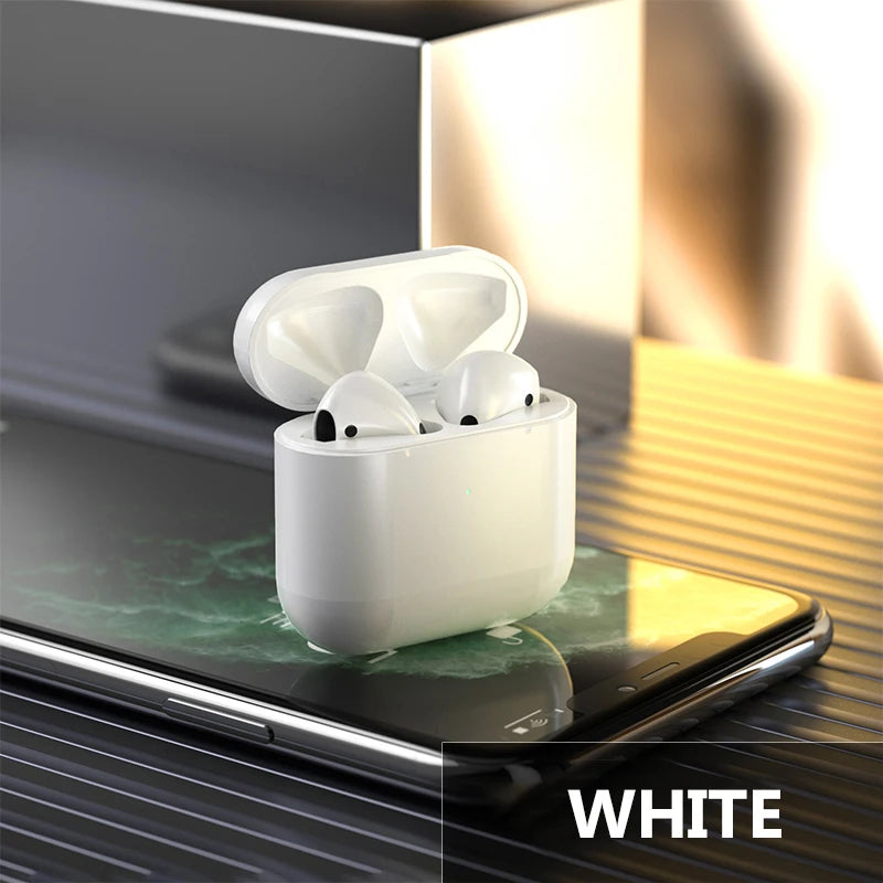 White wireless earbuds in charging case on a reflective surface with 'WHITE' text overlay.