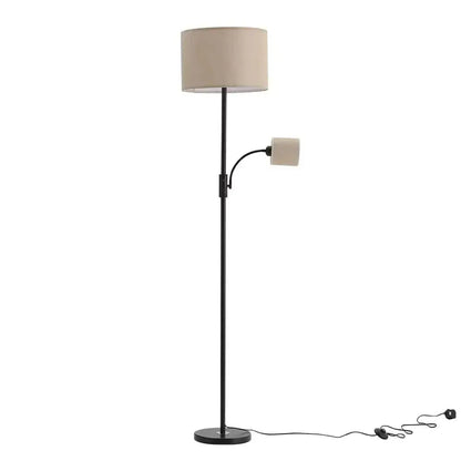 Floor lamp with beige shade and reading light on a white background