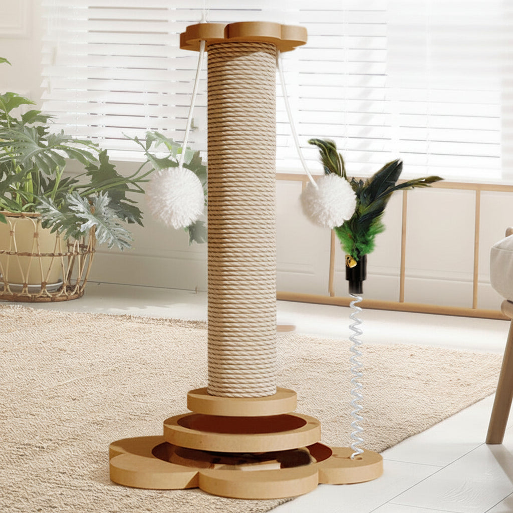 Cat scratching post with wooden base and rope, indoor setting with plants.
