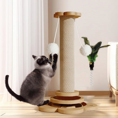 Cat playing with a scratching post and toy in a room.