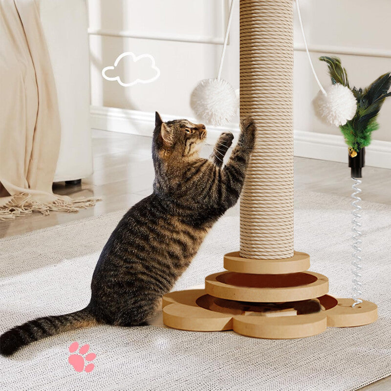 Cat playing with a wooden scratching post in a home setting