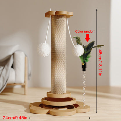 Cat toy with a cylindrical rope perch and dangling toys on a neutral background