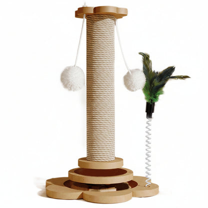 Cat toy with rope and feather attachments on a white background