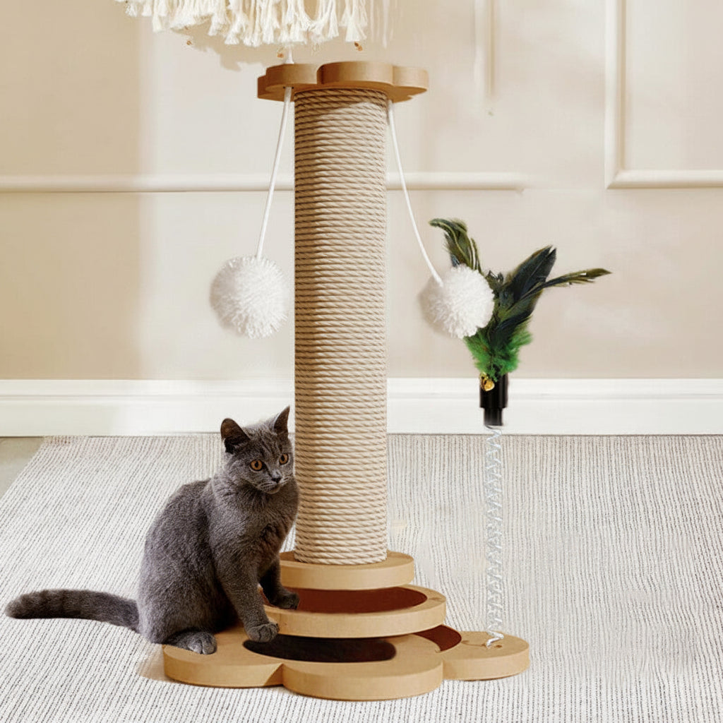 Cat sitting on a wooden scratching post with a neutral background