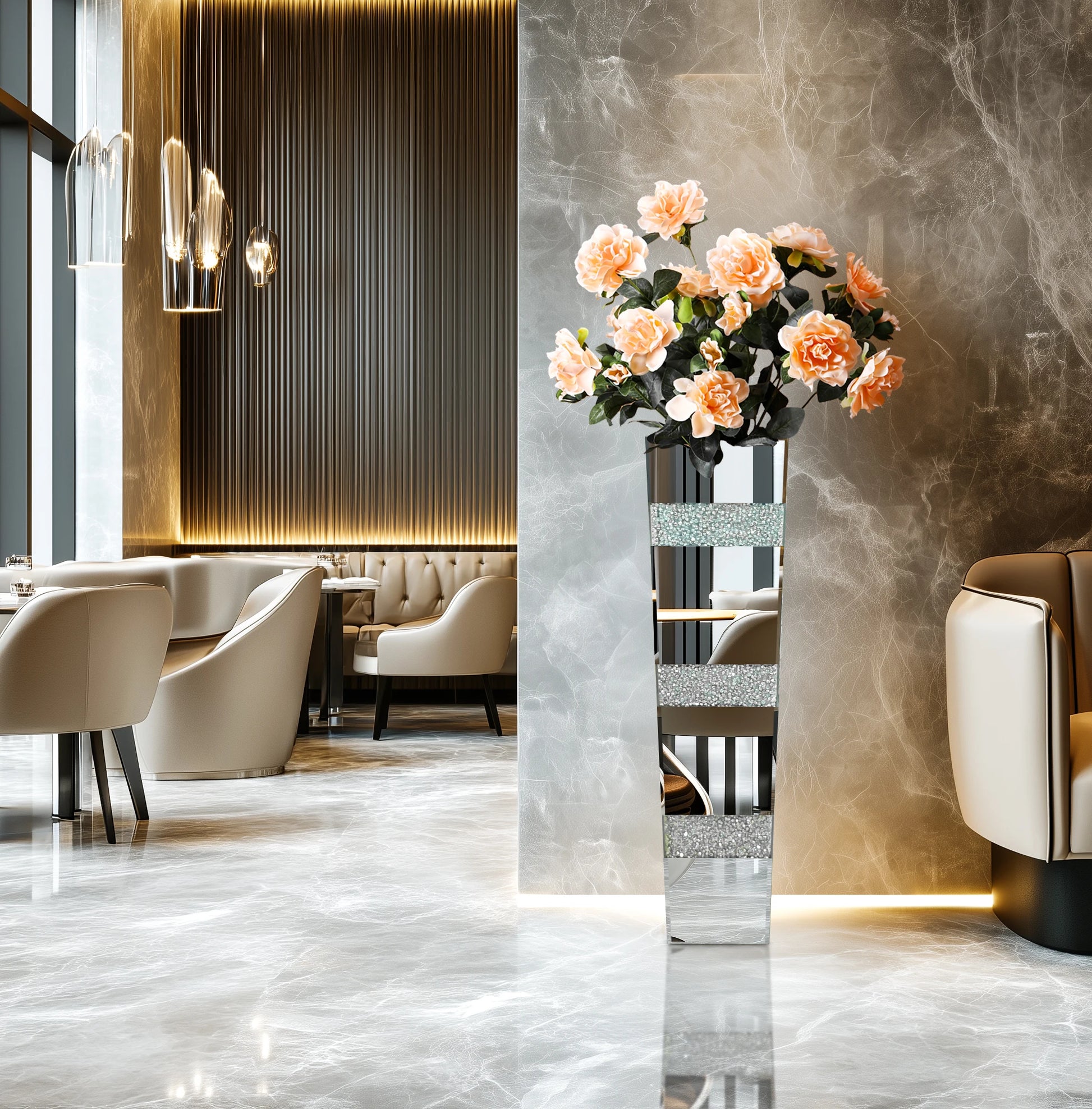 Modern interior design with marble walls, floral arrangement, and furniture.