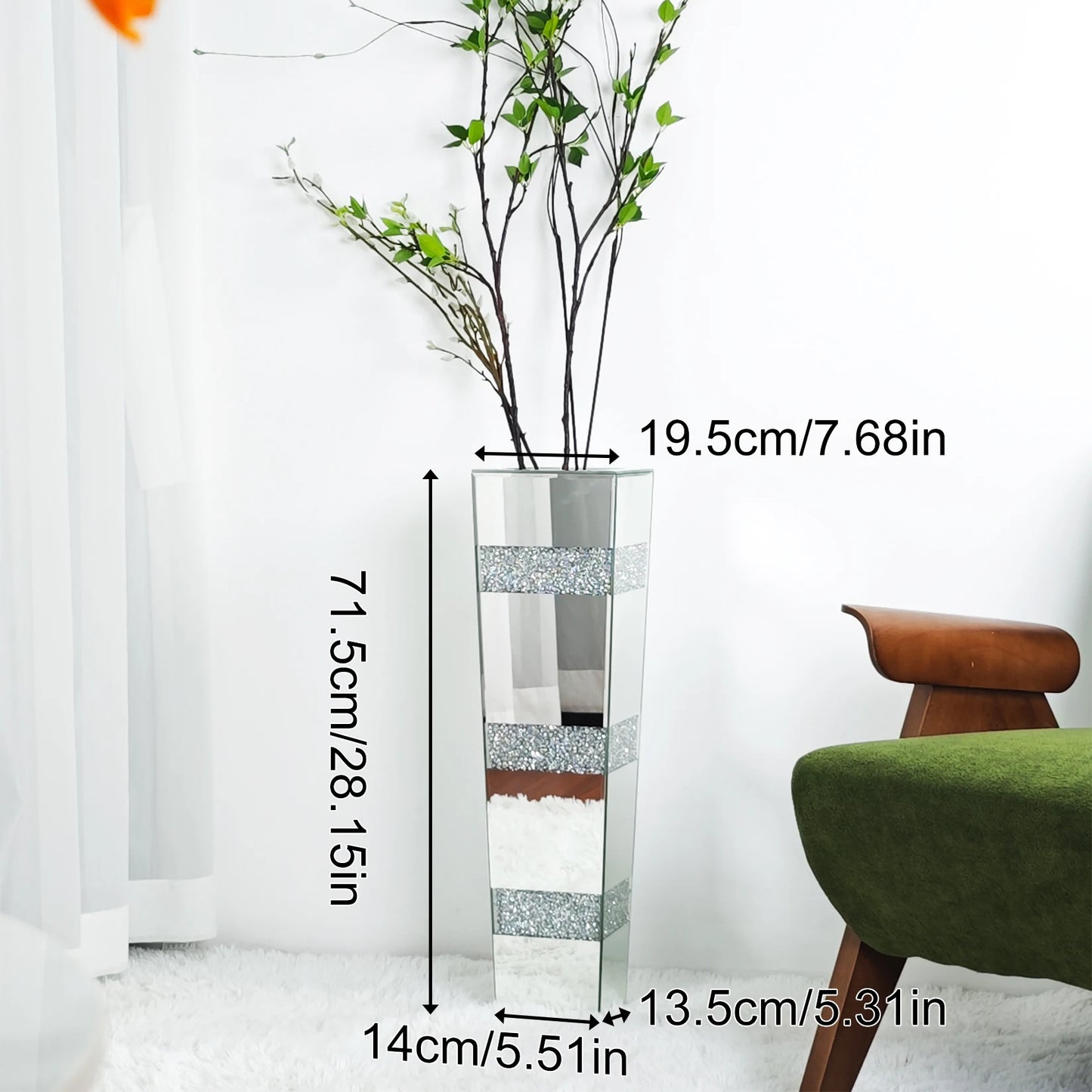 Glass vase with dimensions labeled next to a wooden chair and green cushion.