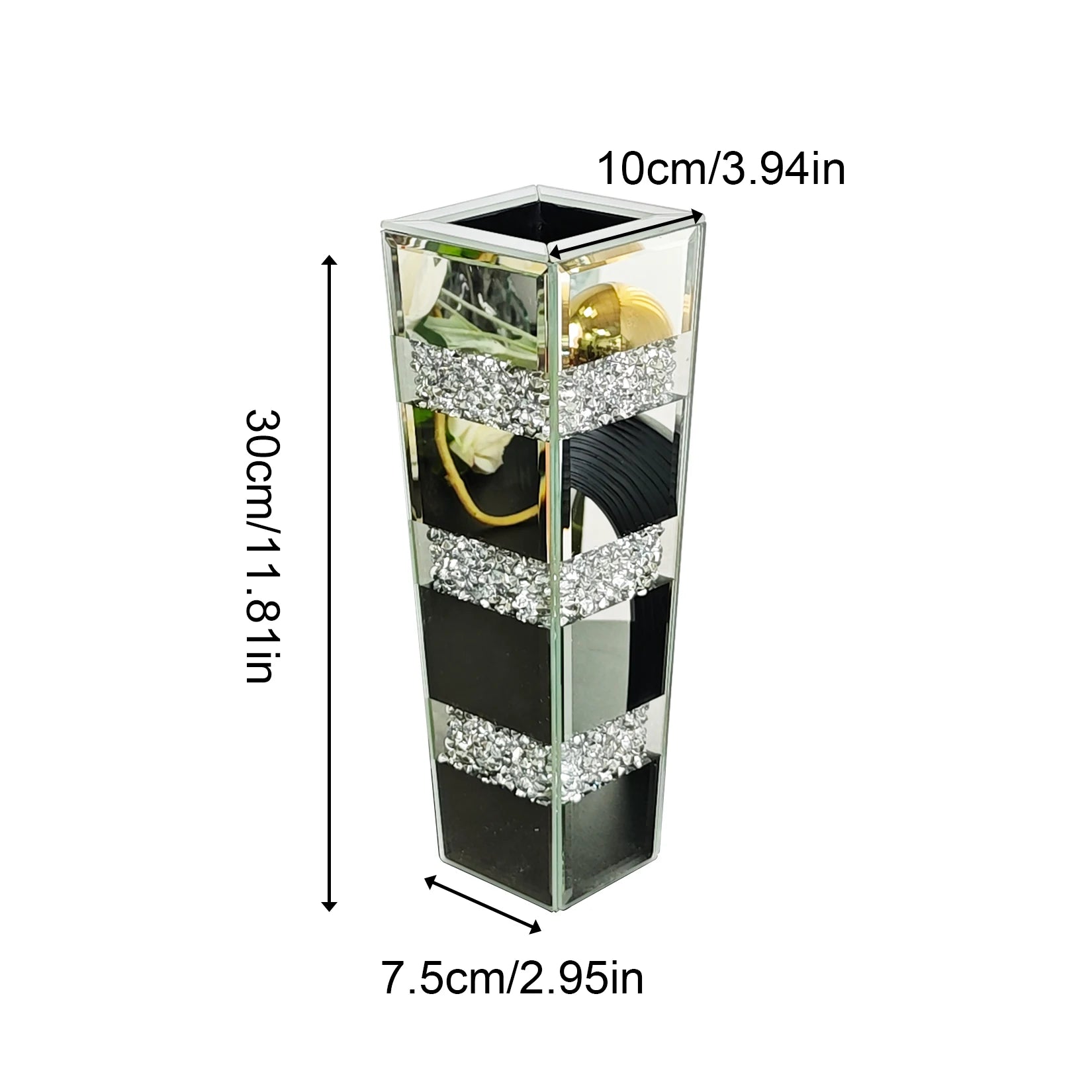 Rectangular glass vase with decorative elements and measurements on a white background