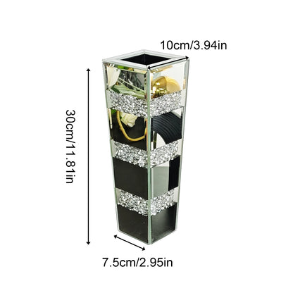 Rectangular glass vase with decorative elements and measurements on a white background
