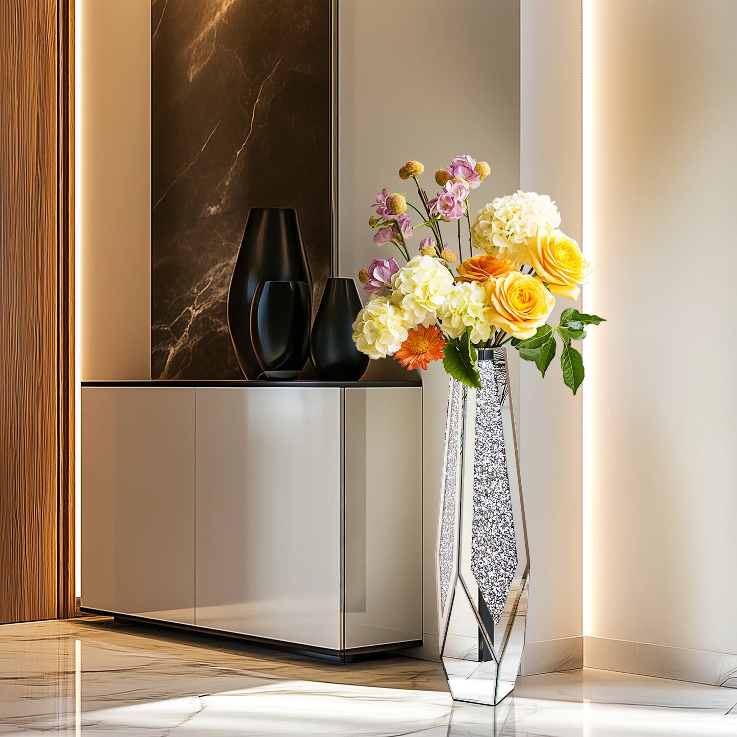Modern interior with a vase of flowers and decorative vases on a cabinet.