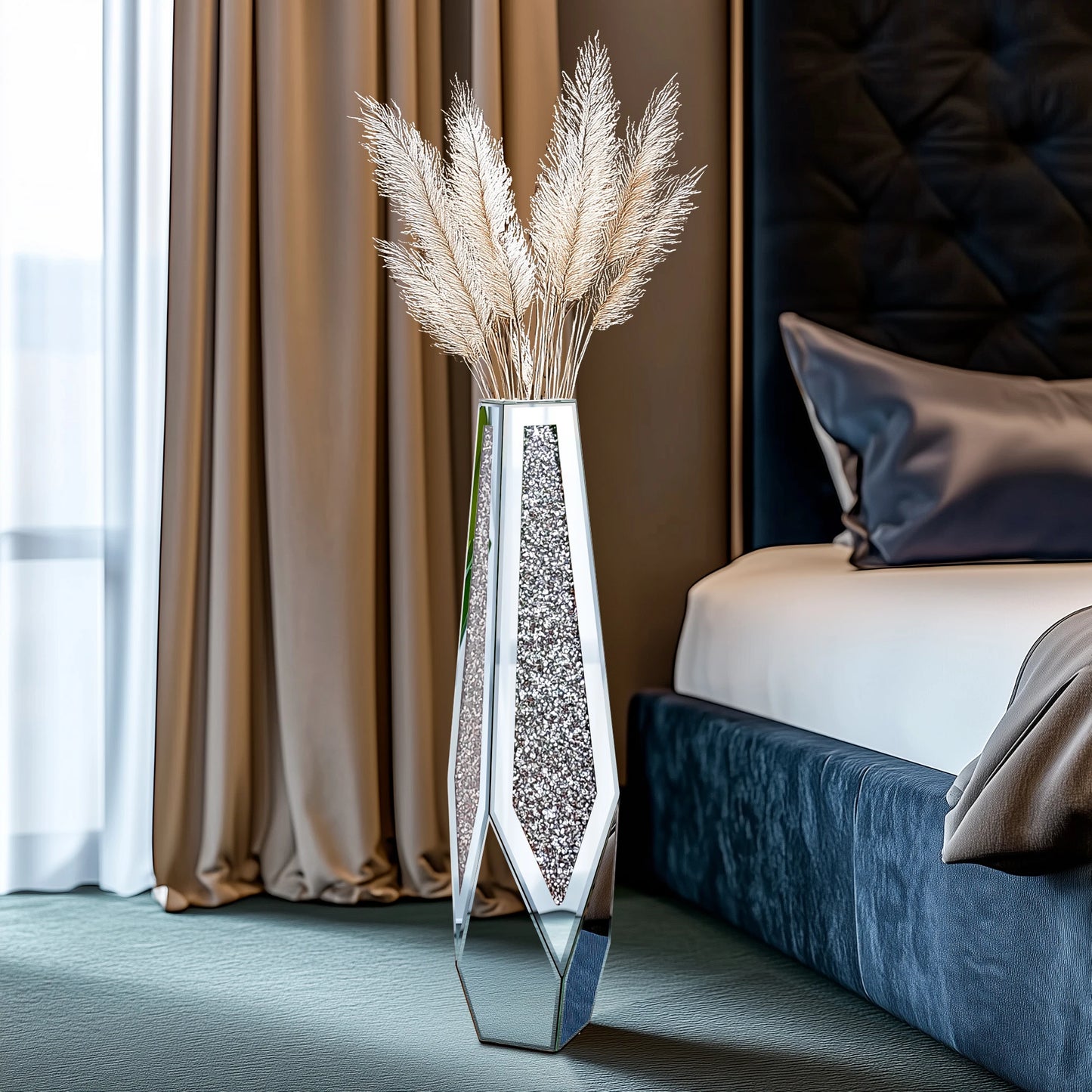 Decorative vase with pampas grass in a stylish room with a bed and curtains.