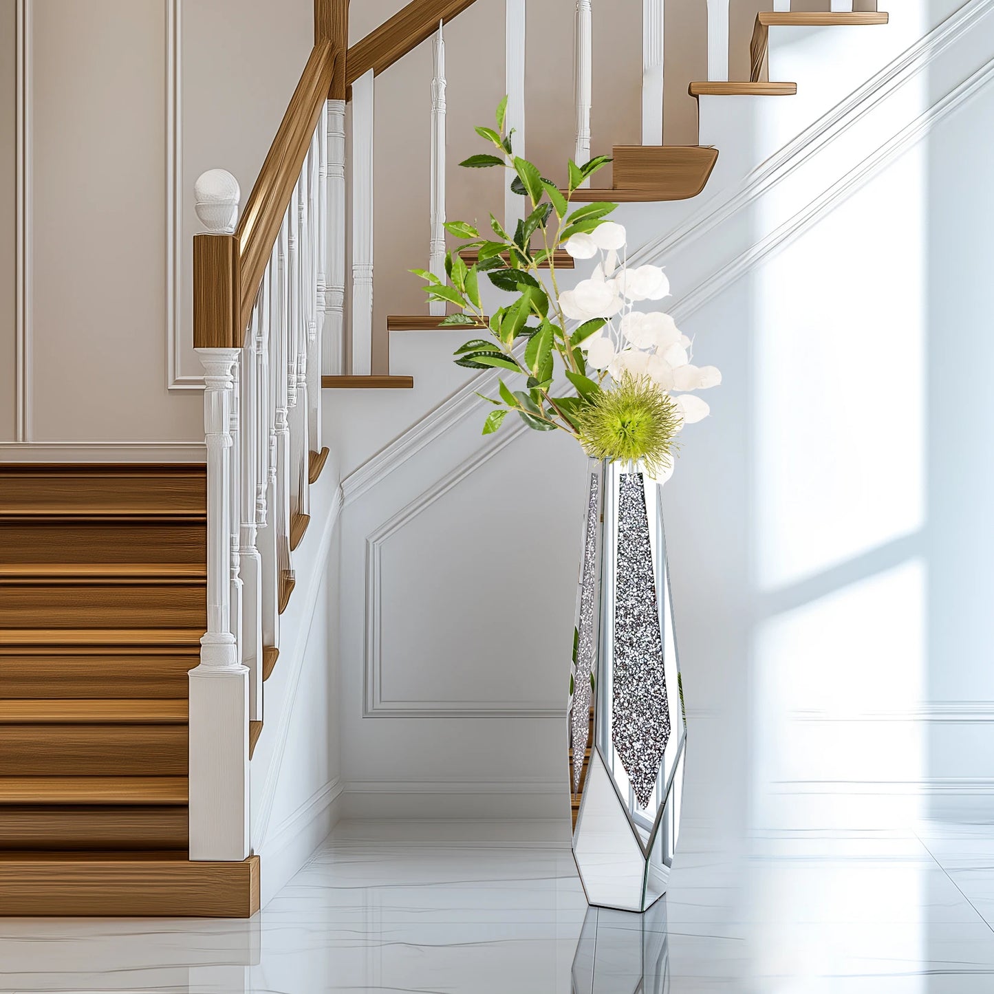 Tall silver vase with flowers in a home interior setting