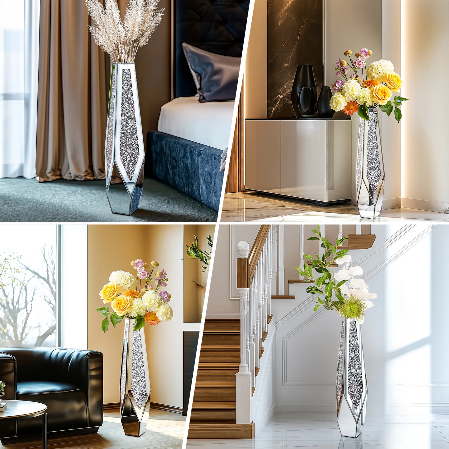 Collage of a decorative vase with flowers in various indoor settings.