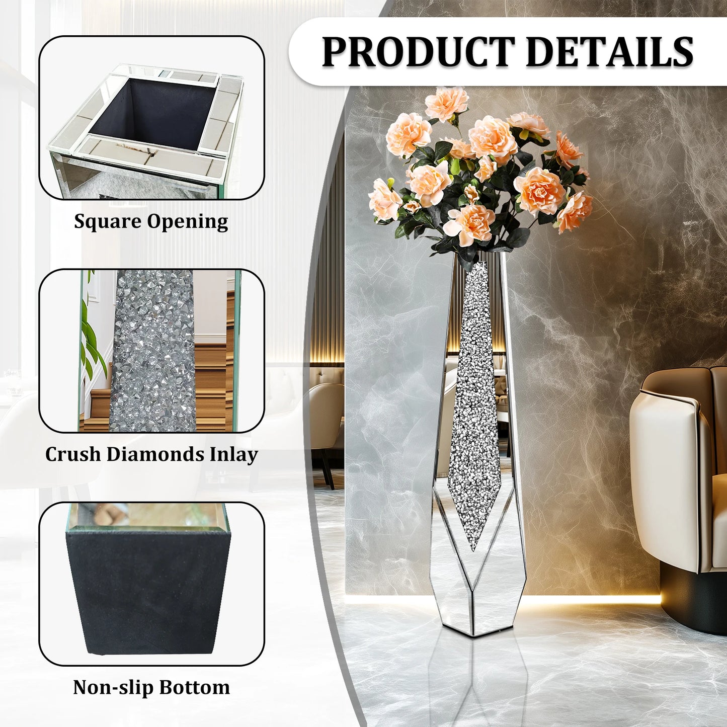 Decorative floor vase with Crush Diamonds Inlay in a modern interior setting