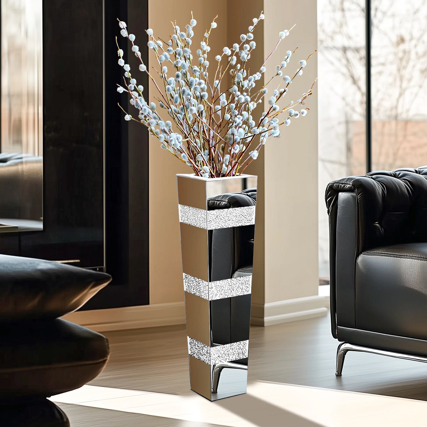 Decorative vase with floral arrangement in a modern living room.