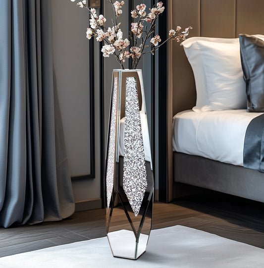 Decorative vase with floral arrangement in a bedroom setting