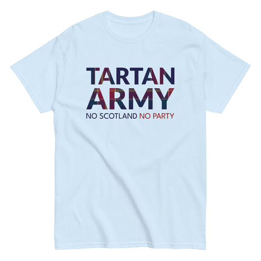 Light blue t-shirt with 'Tartan Army No Scotland No Party' text on a white background