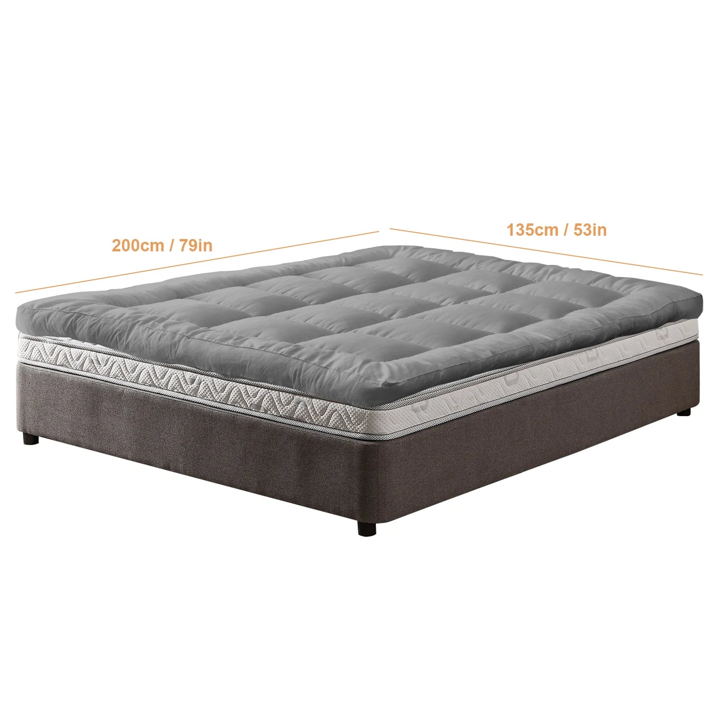 Gray mattress with dimensions labeled on a white background