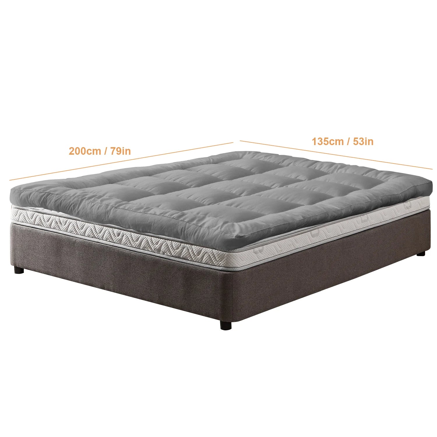 Gray mattress with dimensions labeled on a white background