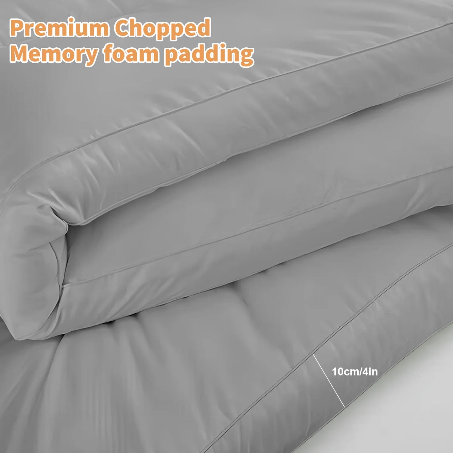 Gray memory foam padding with text indicating 'Premium Chopped Memory foam padding' and a measurement of 10cm/4in.