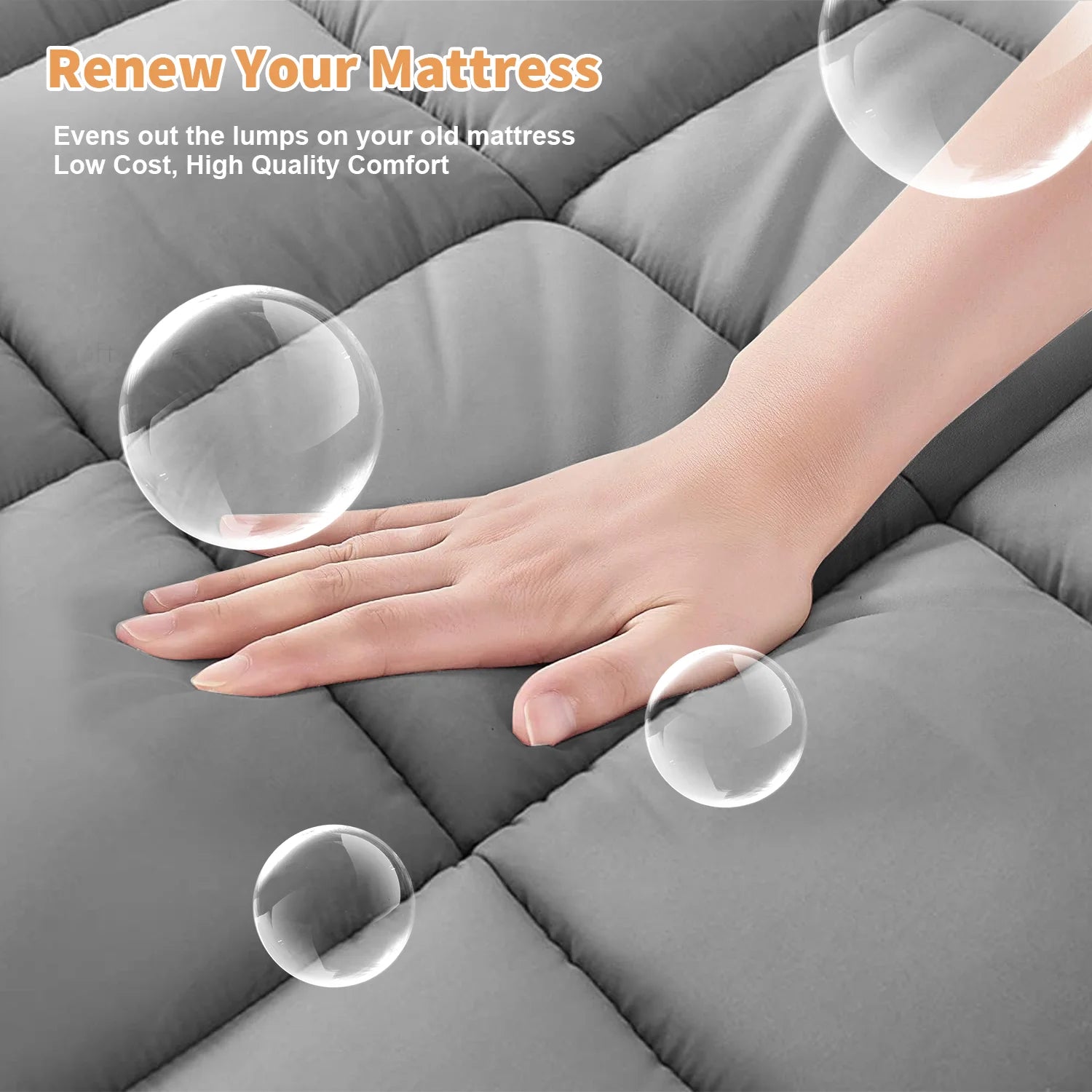 Gray mattress with hand pressing down, text about renewing a mattress.