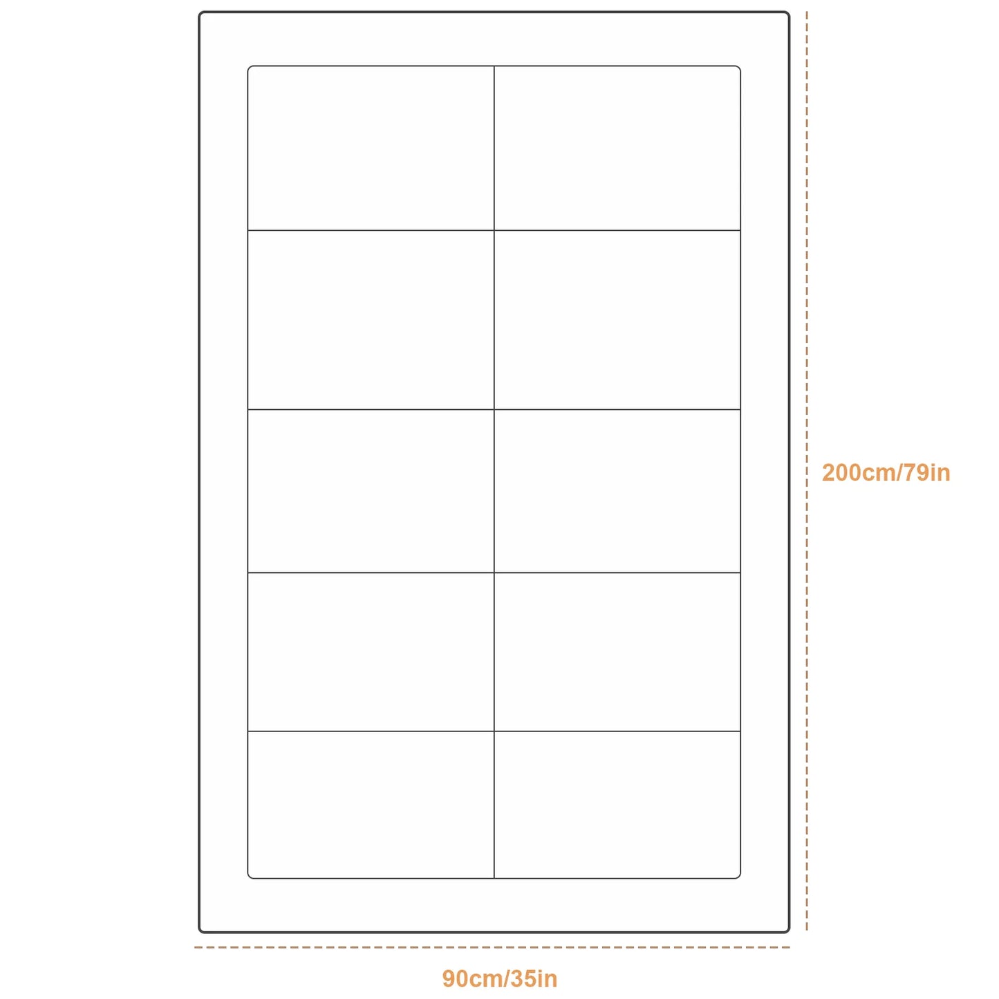 Sheet of labels with a grid pattern and dimensions on a white background